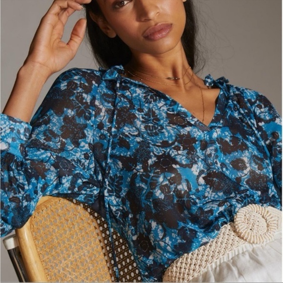 by Anthropologie Sheer Blue Floral Printed Peasant Blouse Size Small Flowy 18 - Picture 5 of 10